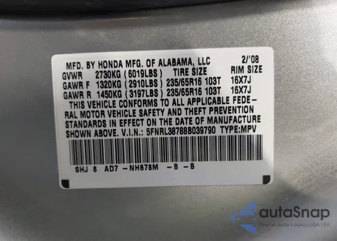 2008 Honda Odyssey Ex-L from USA, damaged, VIN 5FNRL38788B039790